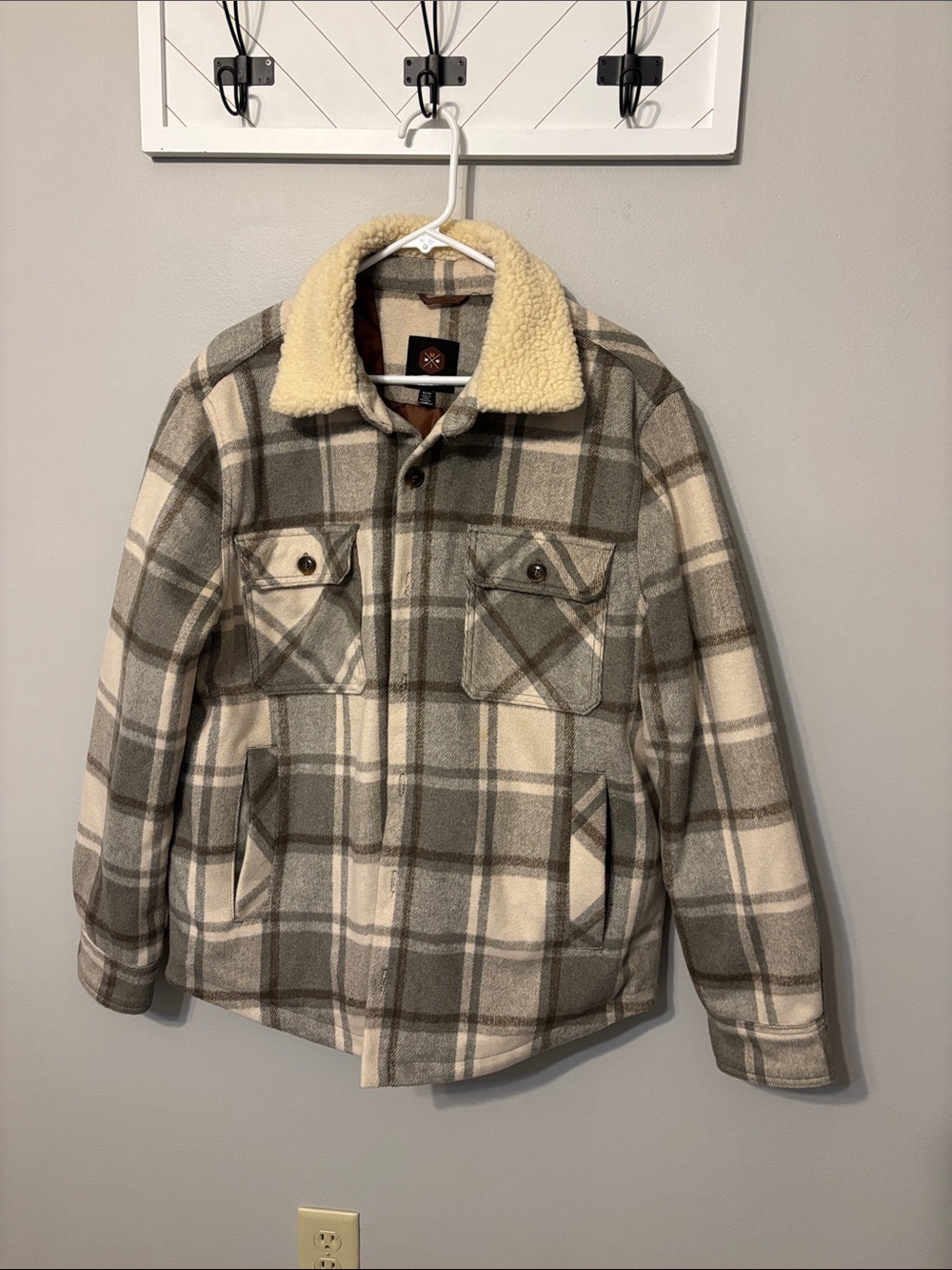 Men's Plaid Sherpa-Lined Field Jacket - Gray & Cream
